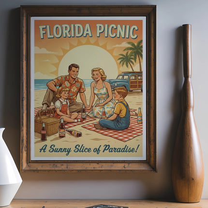 Retro "Florida Picnic" poster showing a smiling family enjoying a sunny beach day.