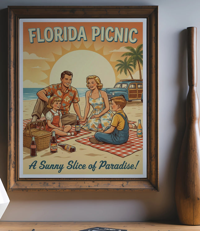 Retro "Florida Picnic" poster showing a smiling family enjoying a sunny beach day.