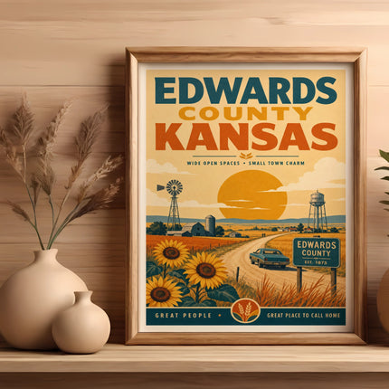 Edwards County Kansas vintage poster with sunflowers, windmills, and town charm text.