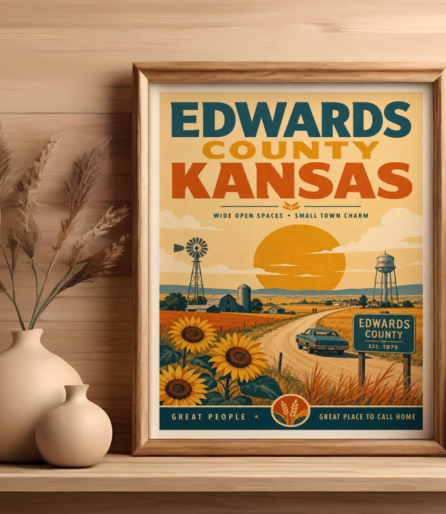 Edwards County Kansas vintage poster with sunflowers, windmills, and town charm text.