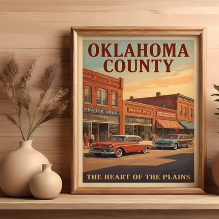 Framed painting of Oklahoma County with vintage cars and text "The Heart of the Plains."