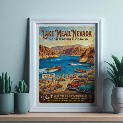 Vintage travel poster for Lake Mead, Nevada, featuring a scenic lake with boats and people enjoying recreation.
