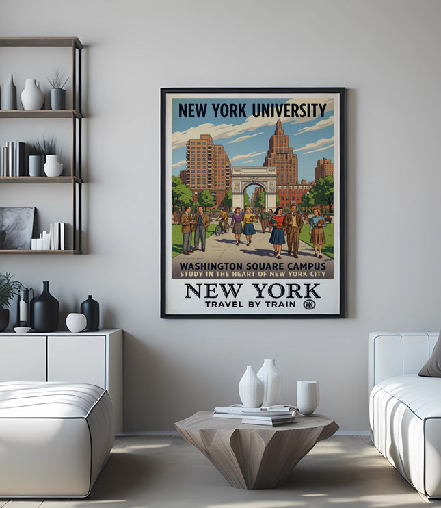 New York University Washington Square Campus vintage travel poster on wall.