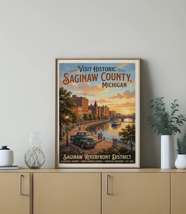 Saginaw County Michigan vintage travel poster depicting a riverfront district with buildings and a truck.