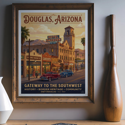 Douglas, Arizona poster: Hotel Gadsden, vintage cars, and "Gateway to the Southwest".