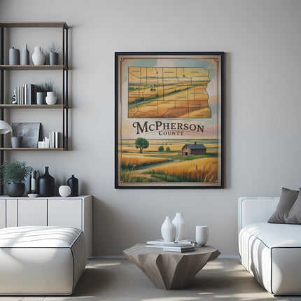 McPherson County, Kansas map with fields and trees on a framed poster.