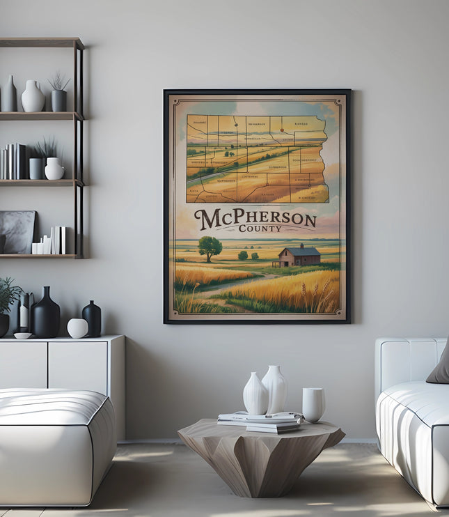 McPherson County, Kansas map with fields and trees on a framed poster.