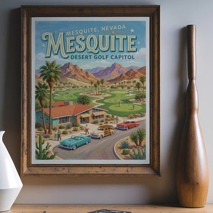 Vintage travel poster for Mesquite, Nevada, the Desert Golf Capital.
