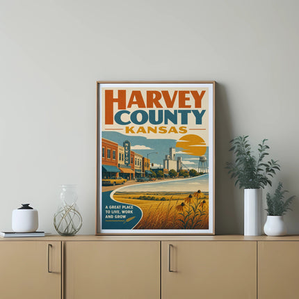 Harvey County, Kansas vintage travel poster featuring town scene and wheat field.