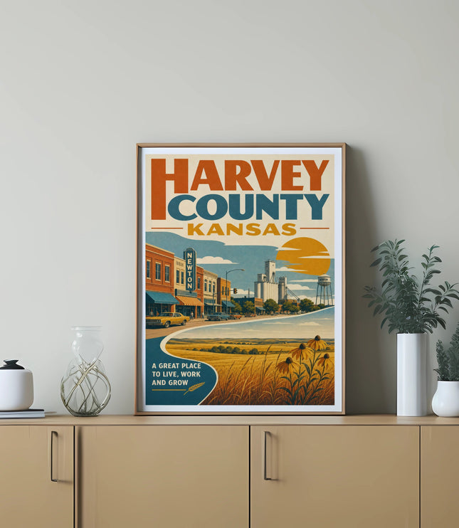 Harvey County, Kansas vintage travel poster featuring town scene and wheat field.