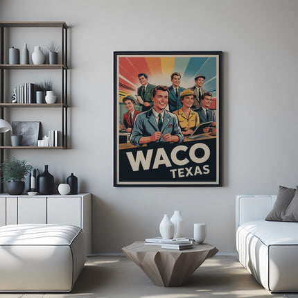 Vintage Waco, Texas travel poster with smiling people.