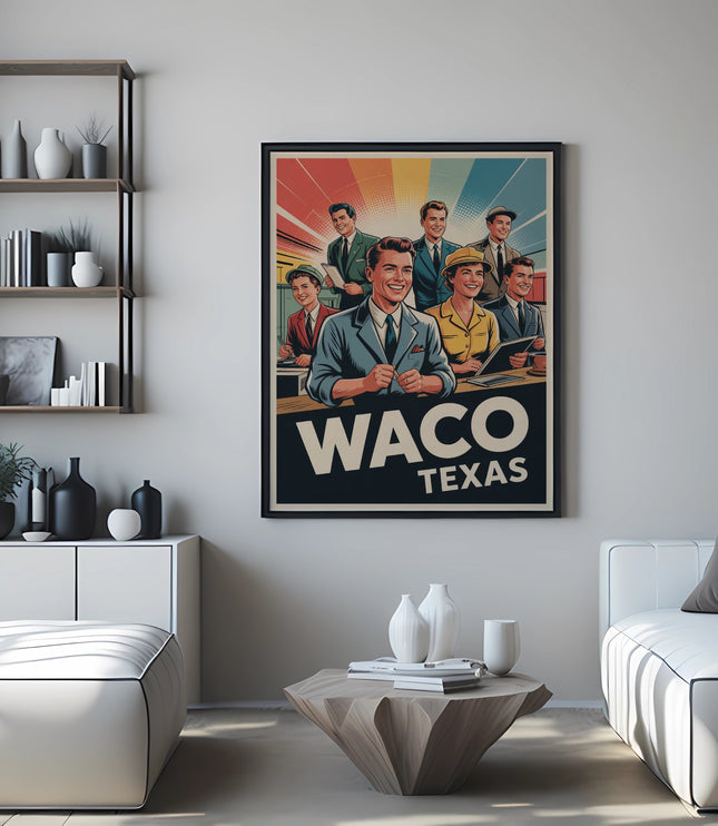 Vintage Waco, Texas travel poster with smiling people.