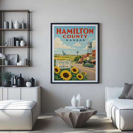 Hamilton County Kansas vintage travel poster with sunflowers and town scene.