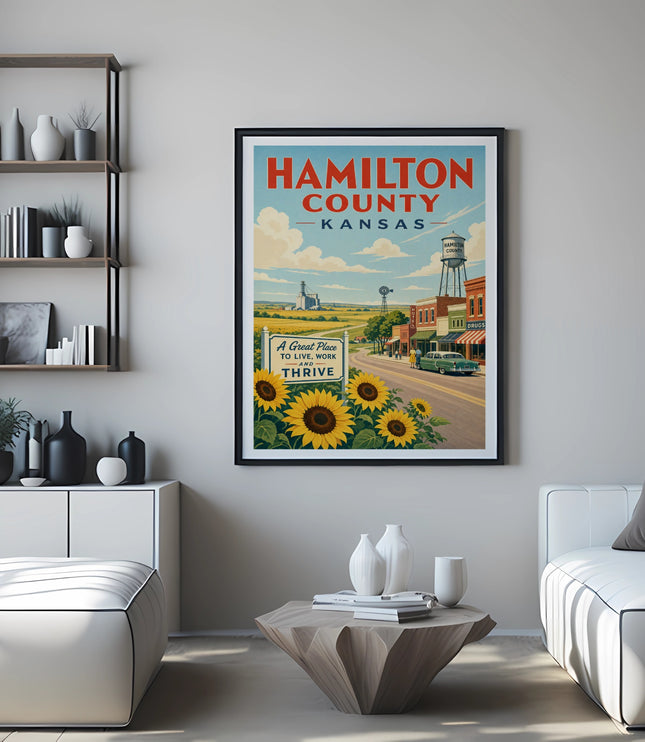Hamilton County Kansas vintage travel poster with sunflowers and town scene.