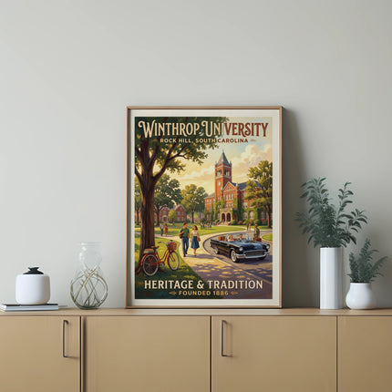 Winthrop University poster with campus building, vintage car, people, and bicycle.