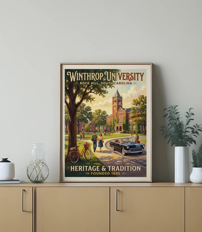 Winthrop University poster with campus building, vintage car, people, and bicycle.
