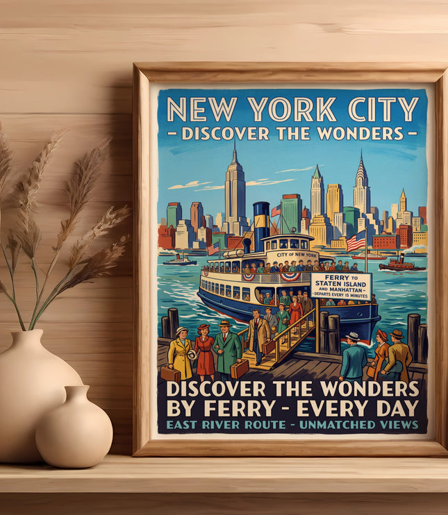 New York City ferry travel poster with skyline and people boarding.