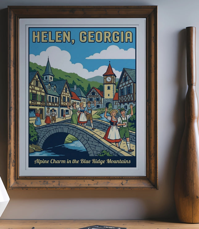 Art print depicting HELEN, GEORGIA with Alpine Charm in the Blue Ridge Mountains text.