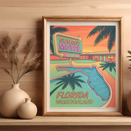 Sunset Motel Vacationland Florida neon sign in a framed picture.