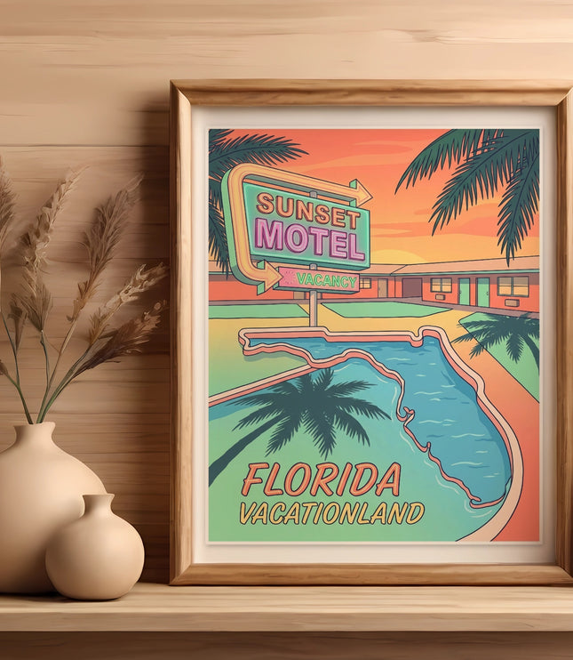 Sunset Motel Vacationland Florida neon sign in a framed picture.