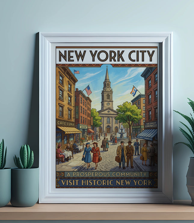 New York City vintage travel poster with street scene and text.