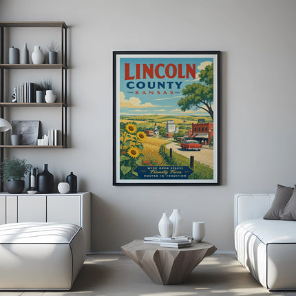 Lincoln County Kansas poster with sunflowers and rural scene.