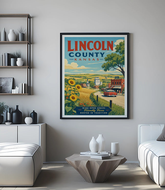 Lincoln County Kansas poster with sunflowers and rural scene.