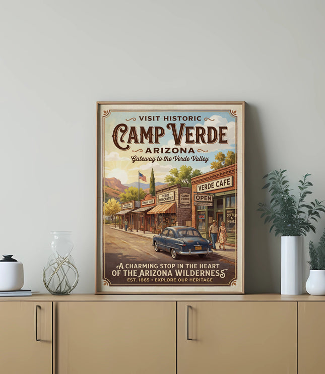 Vintage poster of Camp Verde, Arizona, by the Verde Valley with shops and classic car.