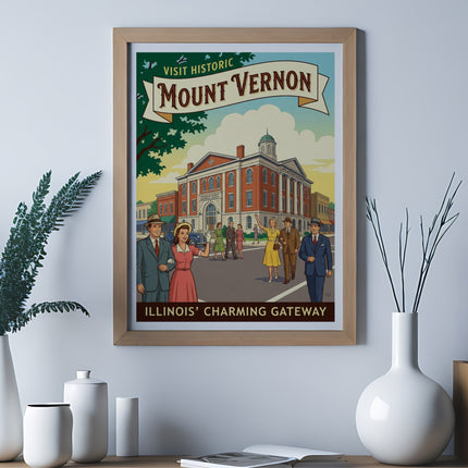 Vintage poster of Mount Vernon, Illinois, with people walking past a historic building.