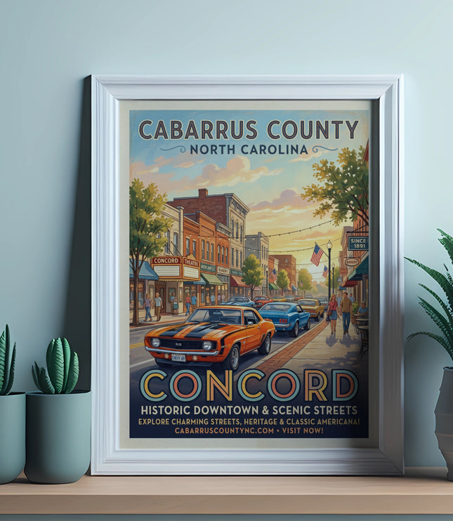 Cabarrus County North Carolina poster featuring Concord downtown and classic cars.