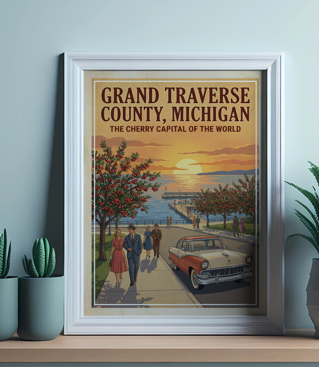 Grand Traverse County, Michigan, "The Cherry Capital of the World" vintage travel poster.