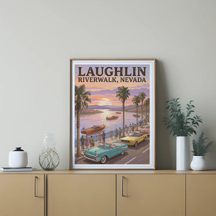 Laughlin Riverwalk, Nevada poster with vintage cars and sunset scene.