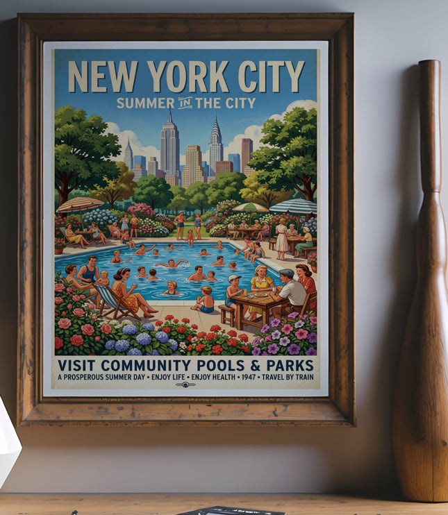 New York City Summer in the City vintage travel poster with community pool scene.