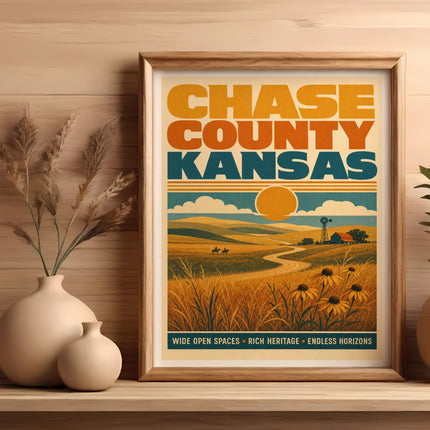 Vintage "Chase County Kansas" travel poster with rural landscape.