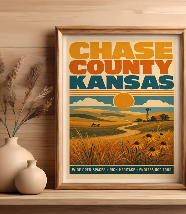 Vintage "Chase County Kansas" travel poster with rural landscape.