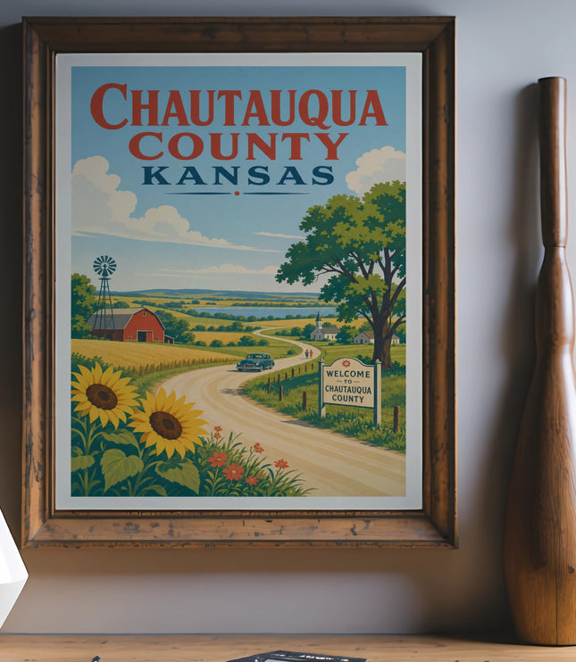 Chautauqua County, Kansas travel poster with sunflowers and a scenic landscape.