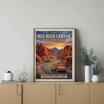 Red Rock Canyon Scenic Loop travel poster with vintage car and desert landscape.