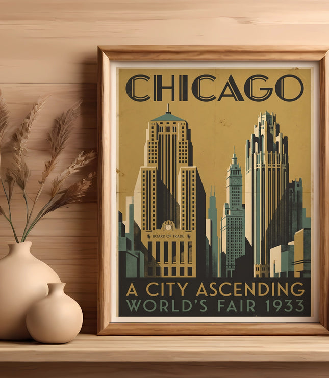 Framed print of Chicago skyline and text "A City Ascending World's Fair 1933".