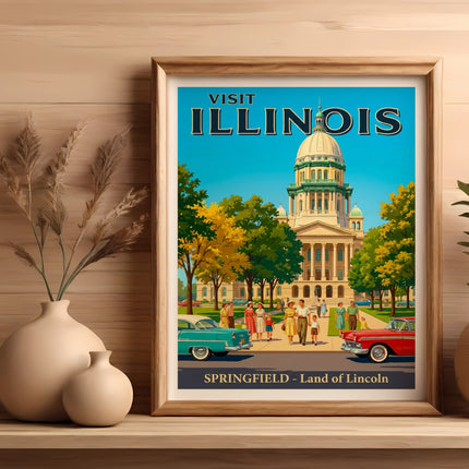 Vintage poster of Illinois Capitol building with people and cars.