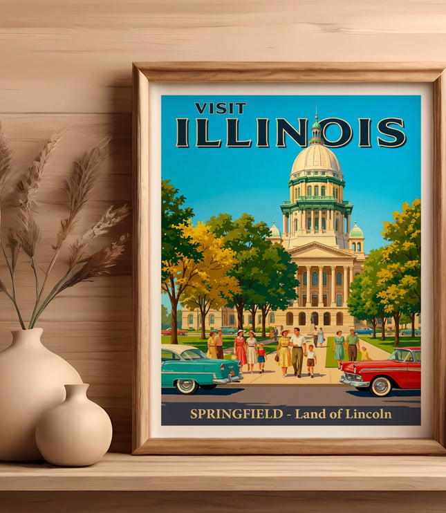 Vintage poster of Illinois Capitol building with people and cars.