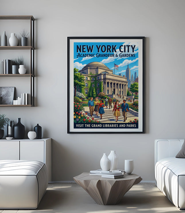 New York City Academic Grandeur & Gardens vintage travel poster.