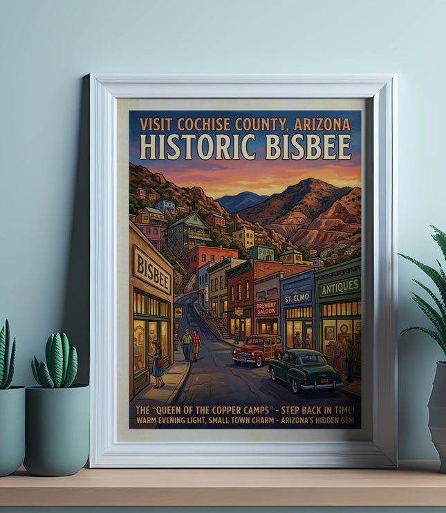 Poster for Historic Bisbee, Arizona, featuring colorful buildings and vintage cars at sunset.