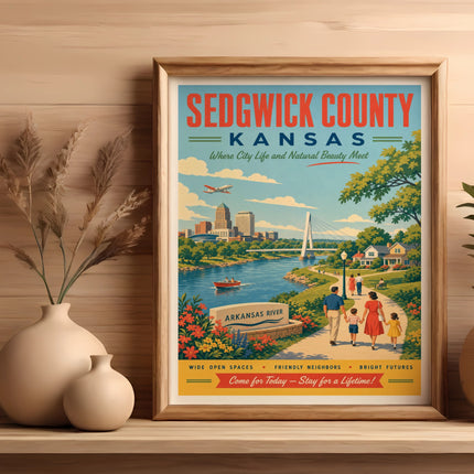 Sedgwick County, Kansas poster featuring a river, city, and family.