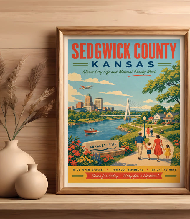 Sedgwick County, Kansas poster featuring a river, city, and family.