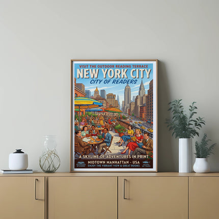 New York City "City of Readers" poster with outdoor terrace and skyline.