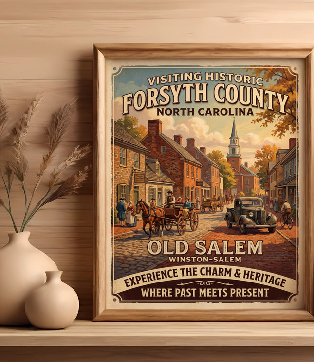 Historic Forsyth County North Carolina "Old Salem" poster with carriage and vintage truck.