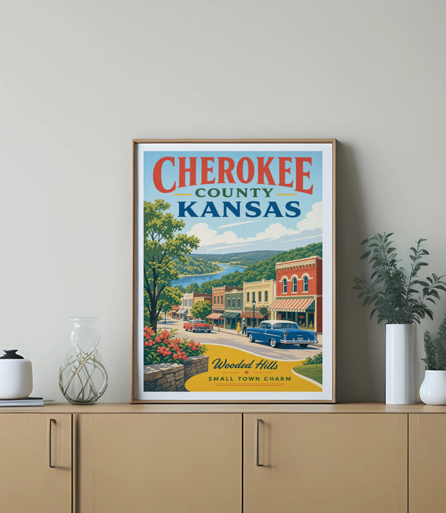 Cherokee County Kansas vintage travel poster with street scene and text.