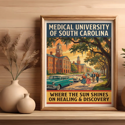 Medical University of South Carolina poster with campus, cars, and text.