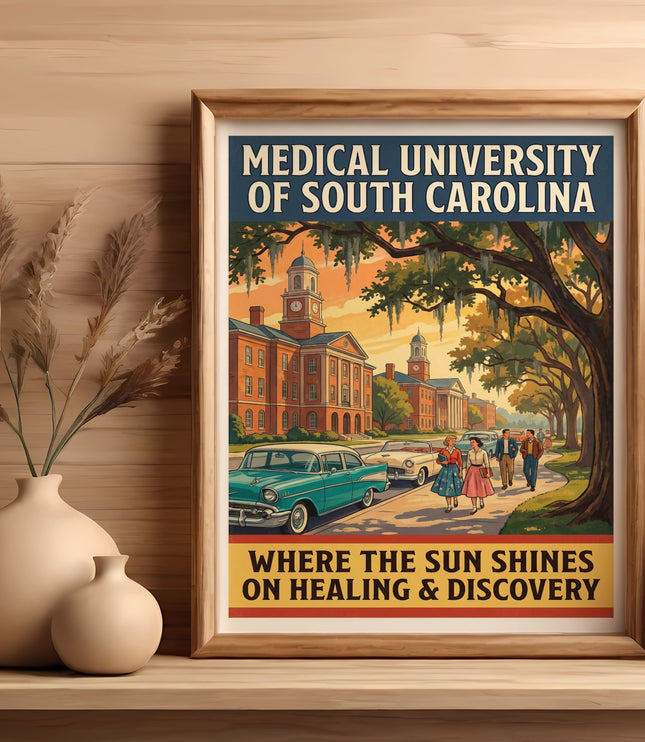 Medical University of South Carolina poster with campus, cars, and text.