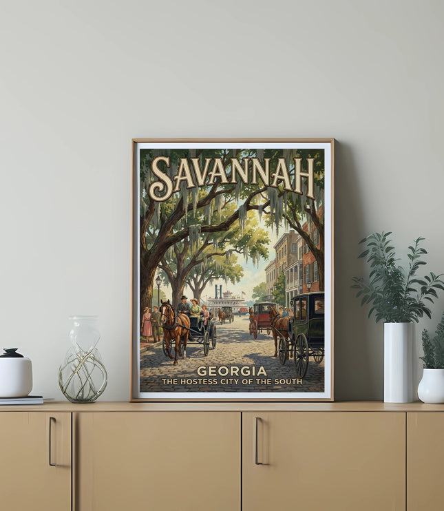 Savannah Georgia poster with horse-drawn carriages and a steamboat.
